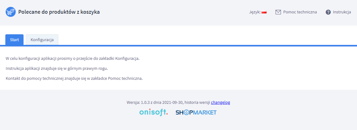 Pierwszy widok pulpitu aplikacji Polecane do produktów z koszyka Panel administracyjny sklepu > Dodatki i integracje > Moje aplikacje > Polecane do produktów z koszyka > Start