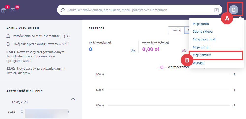 Przejdź do faktur przypisanych do danego konta sklepu internetowego Shoper Panel administracyjny sklepu > Profil > Moje faktury