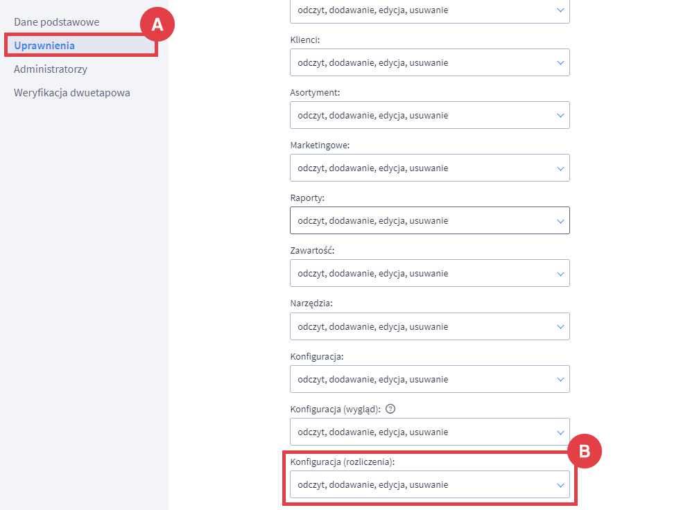 Sprawdź, jakie uprawnienia posiada dana grupa administratorów sklepu Panel administracyjny sklepu > Ustawienia > Ogólne > Administratorzy sklepu > Uprawnienia