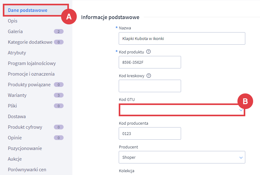 Wybierz kod GTU z rozwijanej listy w edycji danego produktu Panel administracyjny sklepu > Obsługa sklepu > Produkty > Edycja > Kod GTU