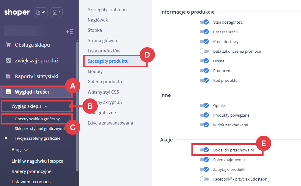 Panel administracyjny sklepu > Wygląd i treści > Wygląd sklepu > Obecny szablon graficzny > Szczegóły produktu > Przechowalnia