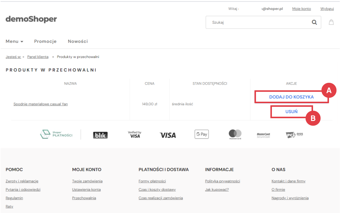 Strona sklepu Shoper > Panel klienta > Produkty w przechowalni > Akcje