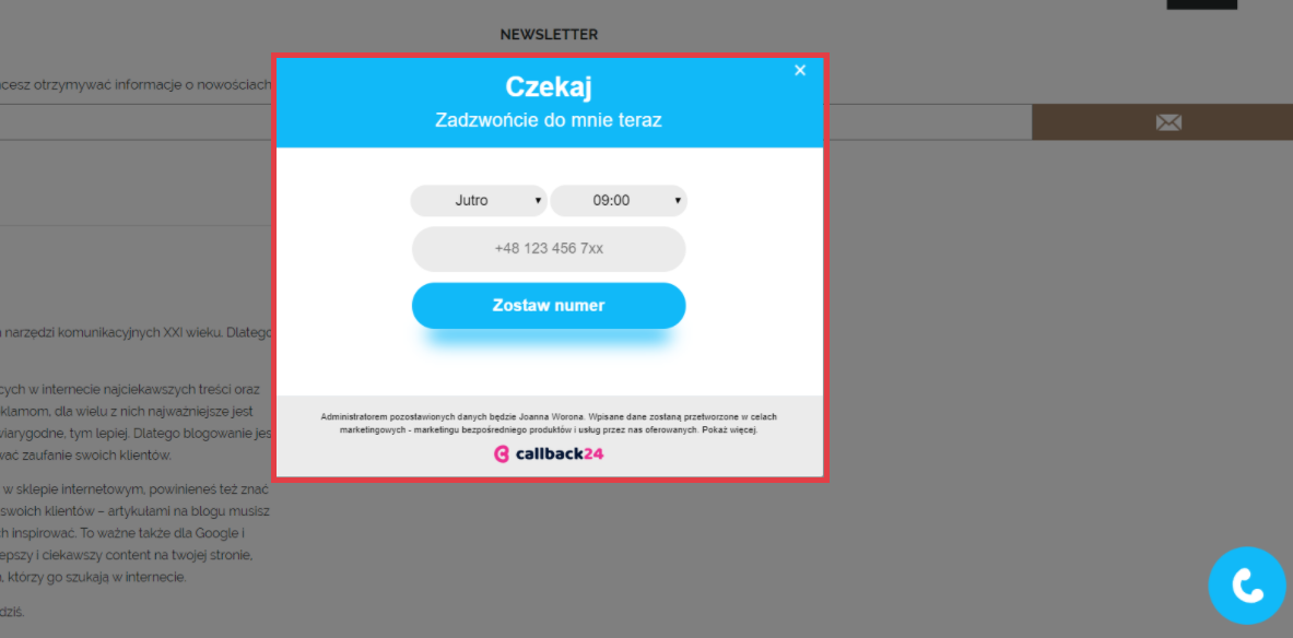 Strona sklepu internetowego Shoper > Widget Callback24