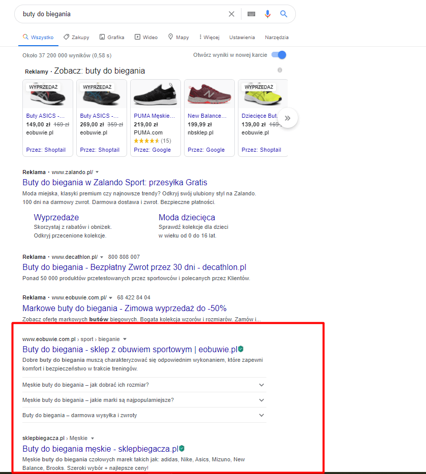 Przykład wysoko wypozycjonowanych wyników w Google