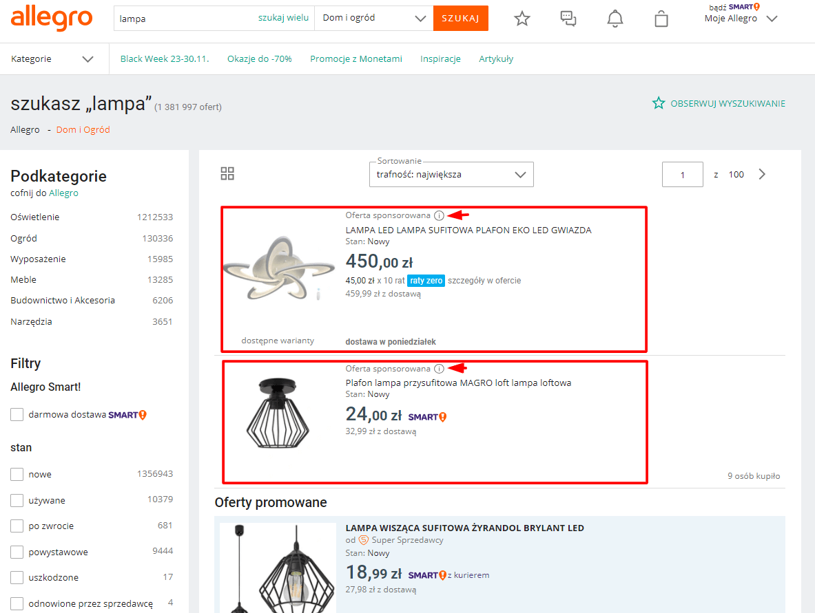 Przykład reklam produktów na Allegro
