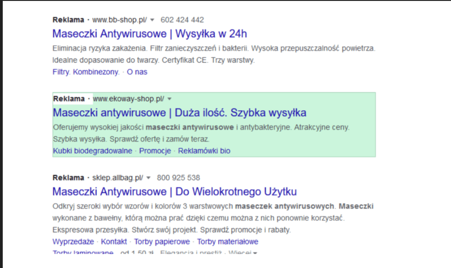 Przykład reklam tekstowych w wyszukiwarce Google.
