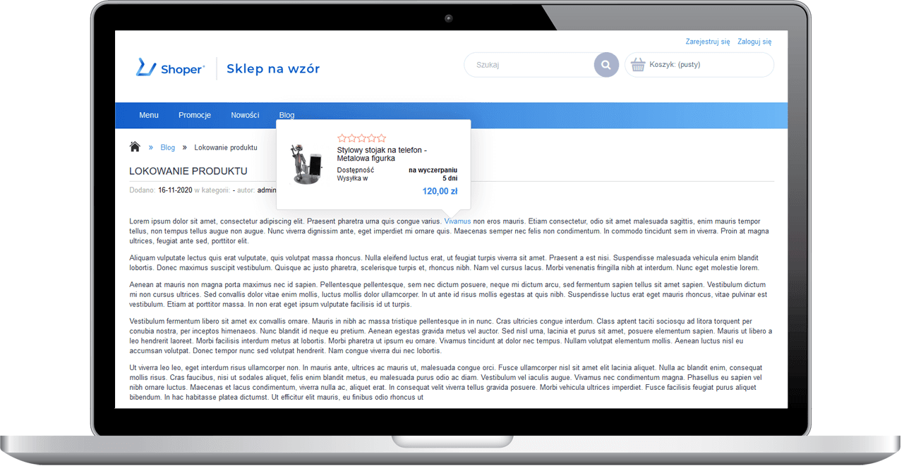Przykład lokowania produktu w treści strony informacyjnej na sklepie