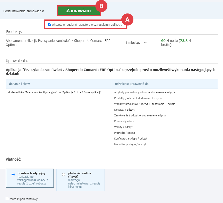 Panel administracyjny sklepu > Dodatki i integracje > Aplikacje > Przesyłanie zamówień z Shoper do Comarch ERP Optima > Instalacja