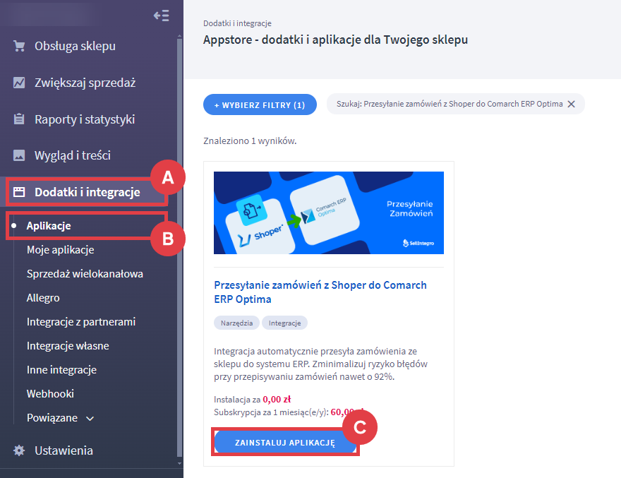 Panel administracyjny sklepu > Dodatki i integracje > Aplikacje > Przesyłanie zamówień z Shoper do Comarch ERP Optima