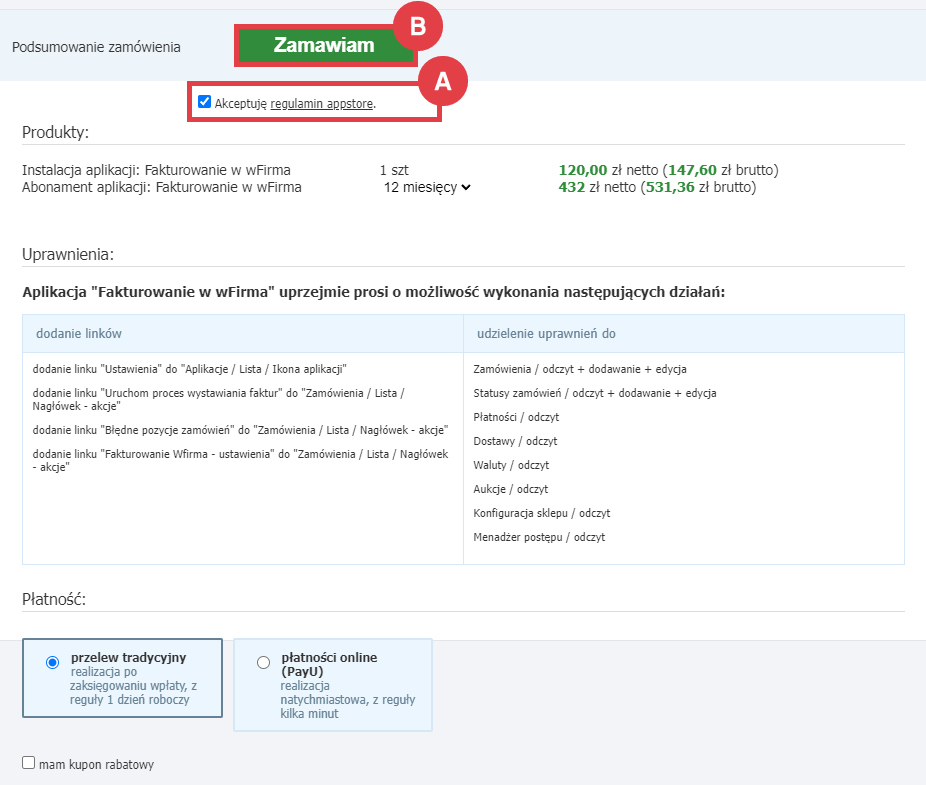 Zamów abonament aplikacji Fakturowanie w wFirma w sklepie Shoper Panel administracyjny sklepu > Dodatki i integracje > Aplikacje > Fakturowanie w wFirma > Instalacja