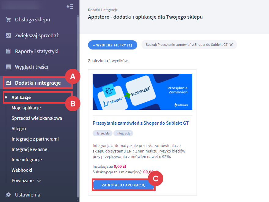 Zainstaluj widget do automatycznego przesyłania zamówienia ze sklepu Shoper do systemu ERP Panel administracyjny sklepu > Dodatki i integracje > Aplikacje > Przesyłanie zamówień z Shoper do Subiekt GT