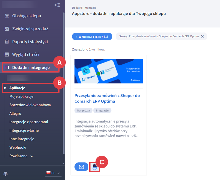 Panel administracyjny sklepu > Dodatki i integracje > Moje aplikacje > Przesyłanie zamówień z Shoper do Comarch ERP Optima