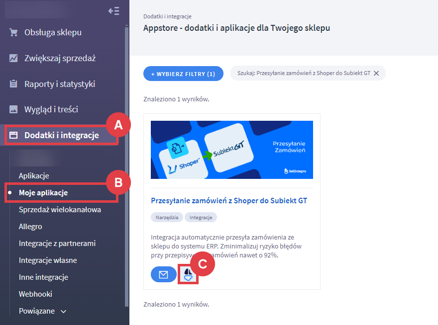 Ustaw integrację przesyłania zamówień z e-sklepu Shoper do systemu Subiekt GT po instalacji Panel administracyjny sklepu > Dodatki i integracje > Moje aplikacje > Przesyłanie zamówień z Shoper do Subiekt GT