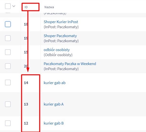 Przykładowy widok ID dla metod wysyłek w dostawach