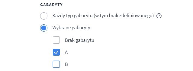 Ustawienia metody wysyłki dla wybranego gabarytu