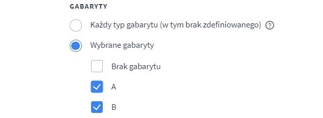Utwórz metodę dostawy dla wybranych gabarytów