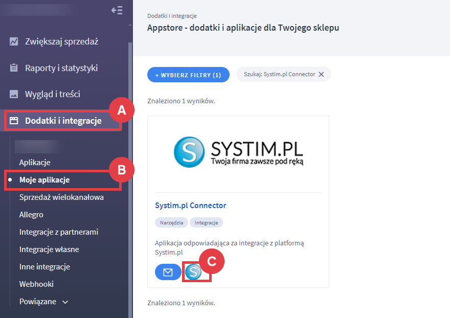 Uruchom aplikację Systim.pl Connector i utwórz połączenie ze sklepem Shoper Panel administracyjny sklepu > Dodatki i integracje > Moje aplikacje > Systim.pl Connector