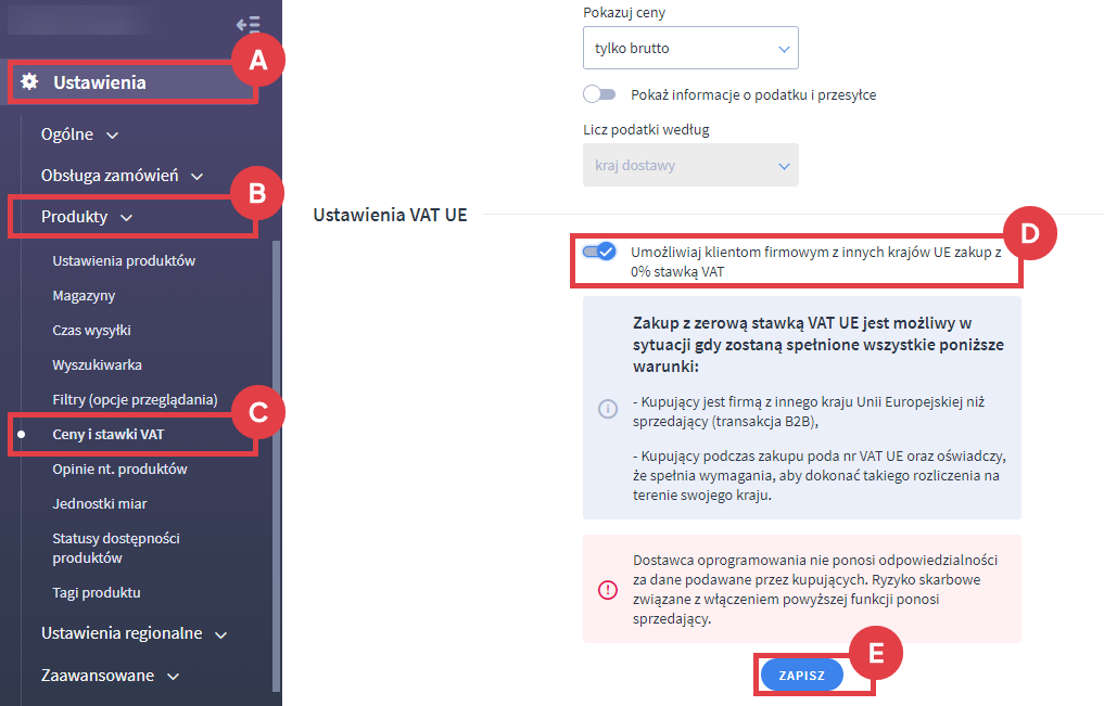 Panel administracyjny sklepu > Ustawienia > Produkty > Ceny i stawki VAT > Zakup z 0% stawką VAT