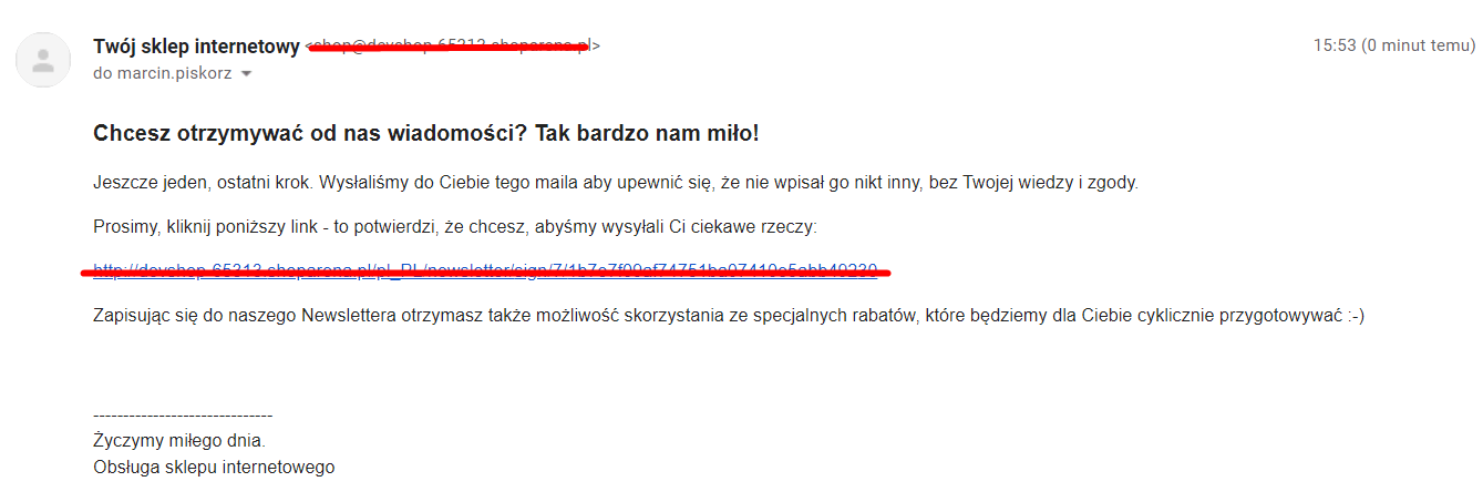 Wiadomość e-mail > Potwierdzenie subskrypcji newslettera sklepu