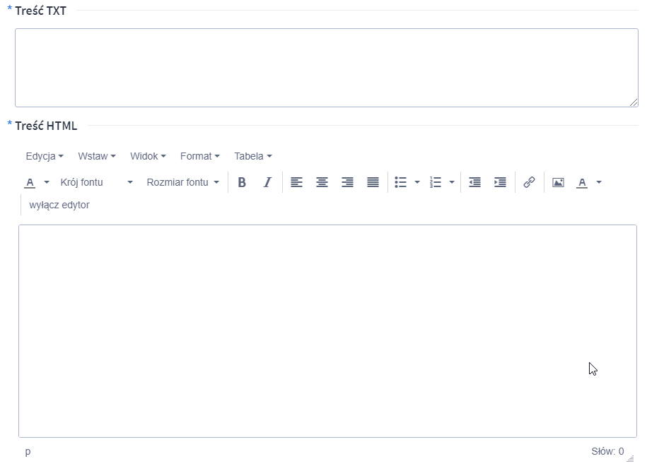 Formularz definiowania treści TXT oraz HTML dla tworzonego newslettera w Shoper