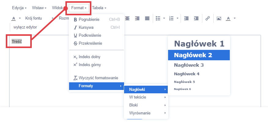 W tekstowy edytorze możesz dodawać nagłówki według hierarchii na danej stronie Edytor tekstowy w oprogramowaniu Shoper