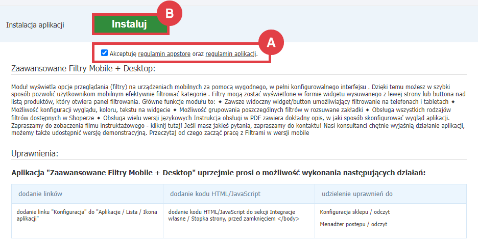 Panel administracyjny sklepu > Dodatki i integracje > Aplikacje > Zaawansowane Filtry Mobile + Desktop > Instalacja