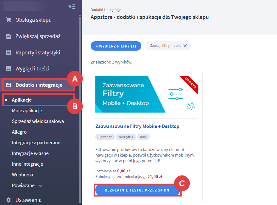 Panel administracyjny sklepu > Dodatki i integracje > Aplikacje > Zaawansowane Filtry Mobile + Desktop