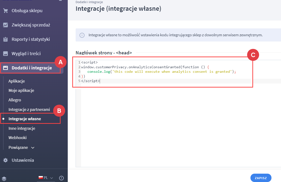 Dostosuj skrypty w integracjach własnych Panel administracyjny > Dodatki i integracje > Integracje własne