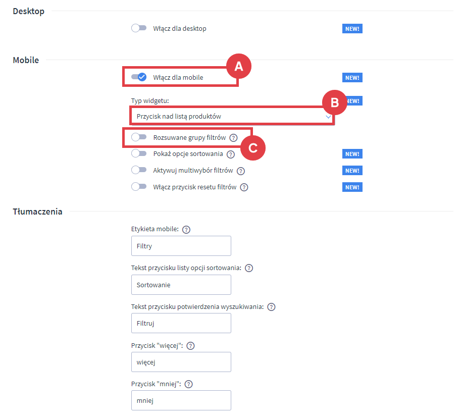 Panel administracyjny sklepu > Dodatki i integracje > Moje aplikacje > Zaawansowane Filtry Mobile + Desktop > Konfiguracja > Typ widgetu