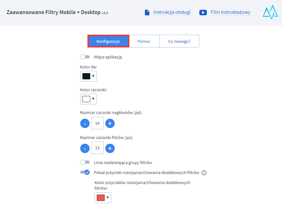 Panel administracyjny sklepu > Dodatki i integracje > Moje aplikacje > Zaawansowane Filtry Mobile + Desktop > Konfiguracja