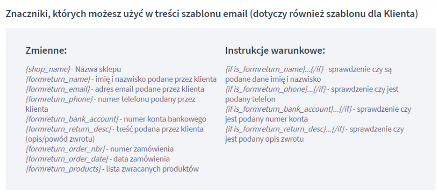 Przykładowe znaczniki, które można użyć w treści wiadomości e-mail Panel administracyjny sklepu > Wygląd i treści > Szablony wiadomości e-mail > Znaczniki