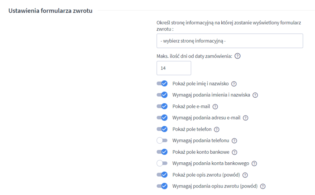 Zdefiniuj, jak ma wyglądać formularz zwrotu w sklepie Shoper Panel administracyjny sklepu > Dodatki i integracje > Moje aplikacje > Zwroty i reklamacje > Konfiguracja > Ustawienia formularza zwrotu