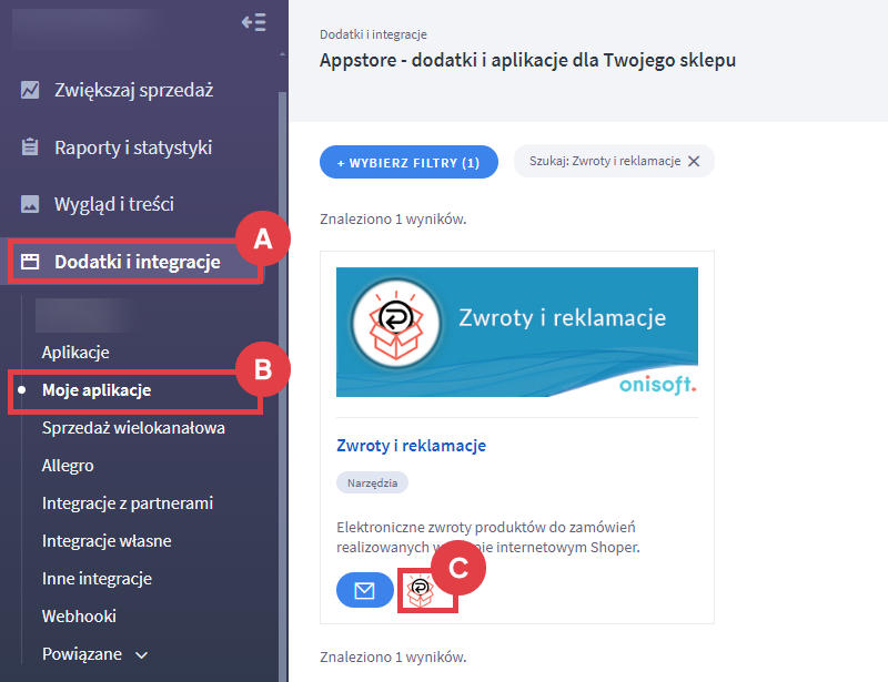 Przejdź do konfiguracji elektronicznych zwrotów produktów do zamówień w sklepie Panel administracyjny sklepu > Dodatki i integracje > Moje aplikacje > Zwroty i reklamacje