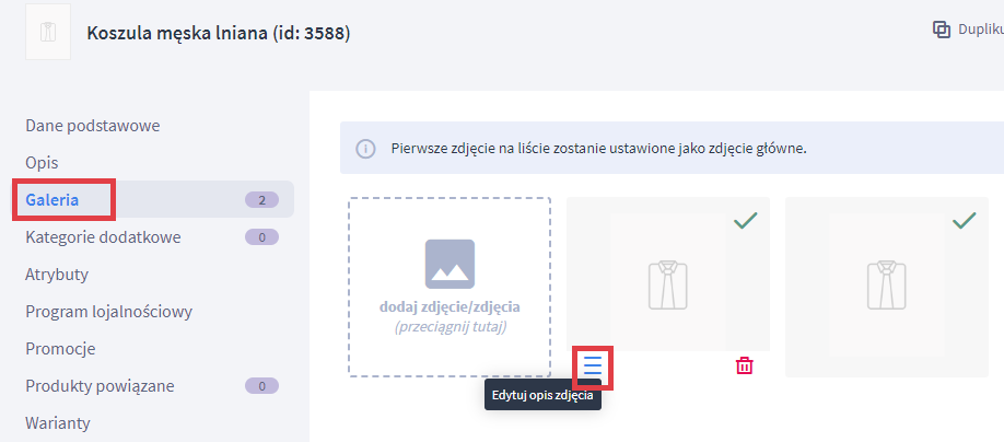 Edytuj zdjęcie produktu w galerii i kliknij Edytuj opis zdjęcia Galeria zdjęć produktu w trybie edycji w panelu administracyjnym sklepu