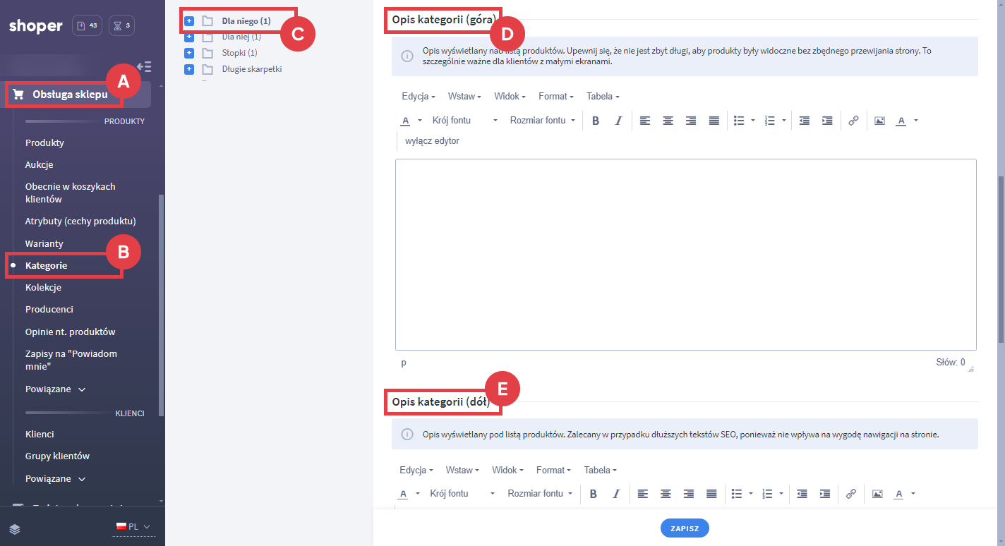 Uzupełnij opisy kategorii w sklepie, aby umieścić w niej frazy kluczowe wspierające pozycjonowanie Panel administracyjny sklepu > Obsługa sklepu > Kategorie > Nazwa kategorii