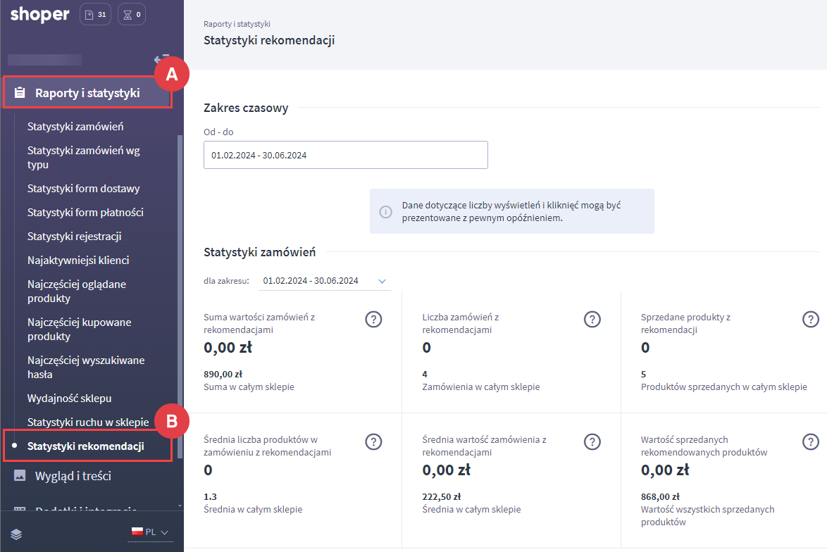 Widok statystyk rekomendacji produktowych Panel administracyjny > Raporty i statystyki > Statystyki rekomendacji