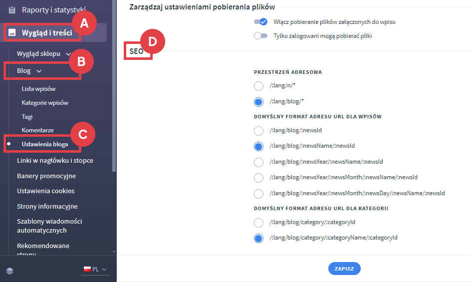 Panel administracyjny sklepu > Wygląd i treści > Blog > Ustawienia bloga > Sekcja: SEO