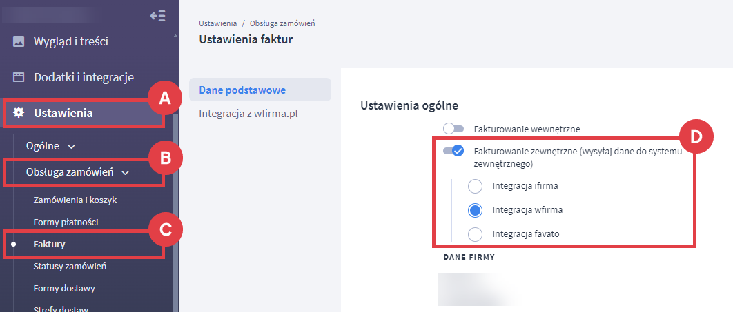 Aktywuj integrację z wfirma w Panelu administracyjnym sklepu Shoper Panel administracyjny sklepu > Ustawienia > Obsługa zamówień > Faktury > Fakturowanie zewnętrzne > Integracja z wfirma
