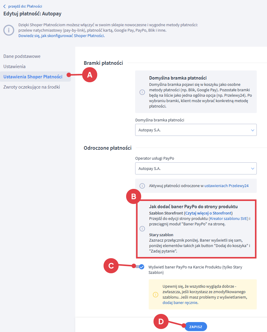 Panel administracyjny > Ustawienia > Obsługa zamówień > Formy płatności > Edycja formy płatności