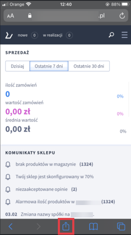 Urządzenie mobilne z systemem iOS> Panel administracyjny sklepu w przeglądarce