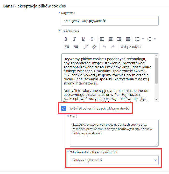 Panel administracyjny sklepu > Wygląd i treści > Ustawienia cookies > Baner - akceptacja plików cookies