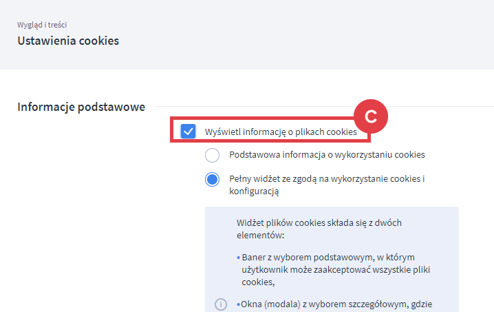 Aktywuj w sklepie wyświetlanie widgetu cookies Panel administracyjny sklepu > Wygląd i treści > Ustawienia cookies > Wyświetlanie informacji o plikach cookies