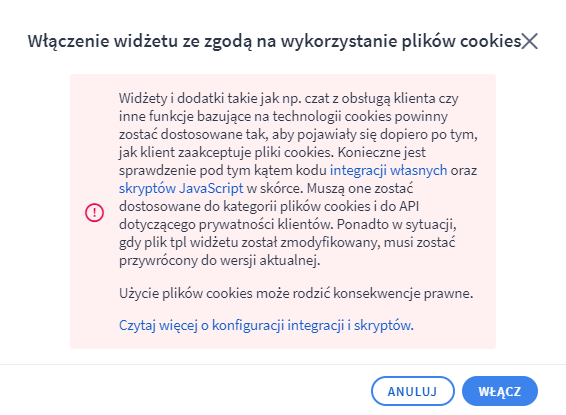 Panel administracyjny sklepu > Wygląd i treści > Ustawienia cookies > Włączenie widżetu ze zgodą na wykorzystanie plików cookies