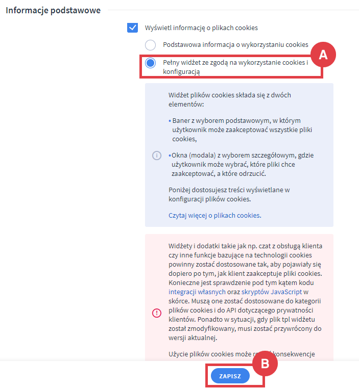 Panel administracyjny sklepu > Wygląd i treści > Ustawienia cookies > Pełny widżet ze zgodą na wykorzystanie cookies i konfiguracją