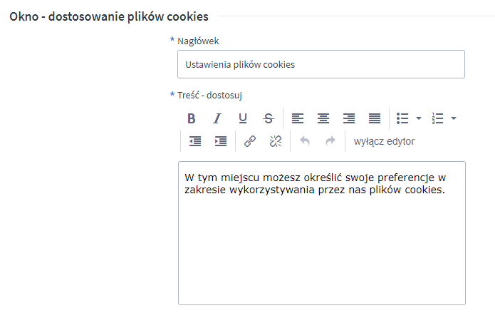 Panel administracyjny sklepu > Wygląd i treści > Ustawienia cookies > Okno - dostosowanie plików cookies