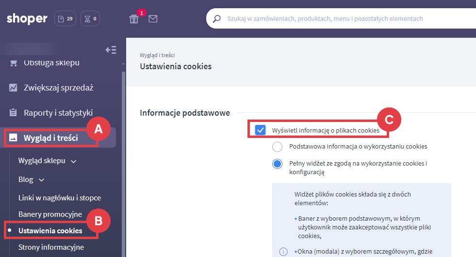 Panel administracyjny sklepu > Wygląd i treści > Ustawienia cookies > Wyświetlanie informacji o plikach cookies