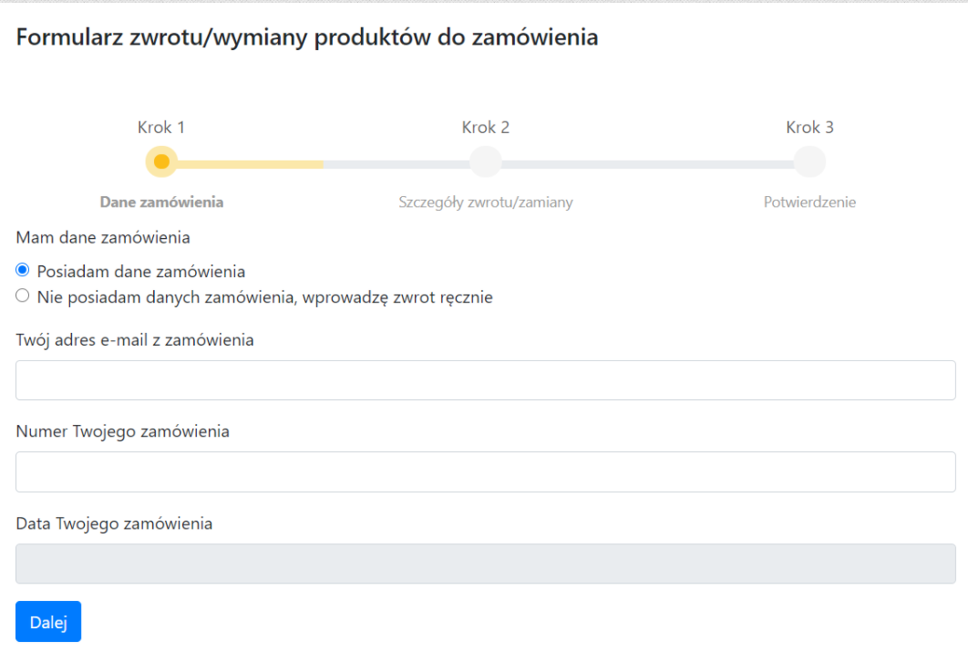 Uzupełnij formularz zwrotu/wymiany produktów do zamówienia w Panelu klienta Panel klienta sklepu > Zamówienia > Zwrot produktów > Formularz zwrotu