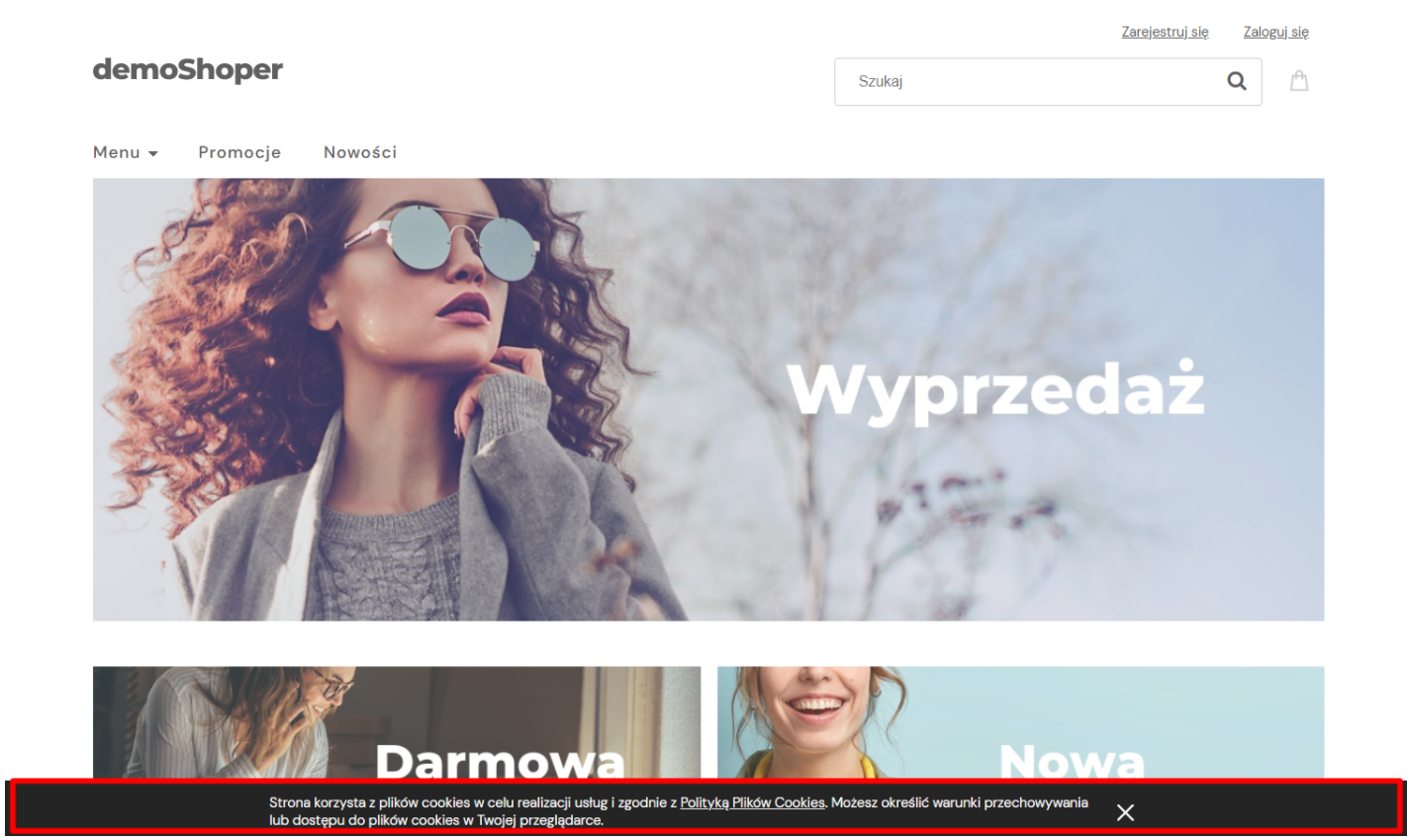 Front sklepu internetowego Shoper > Belka z informacją o plikach cookies