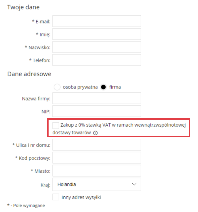 Zaznacz opcję dla klienta zagranicznego (transakcja wewnątrzwspólnotowa) Strona sklepu Shoper > Realizacja zamówienia > Formularz > Dane adresowe