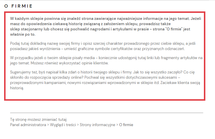Panel administracyjny sklepu > Wygląd i treści > Strony informacyjne > O firmie > Przykładowa treść